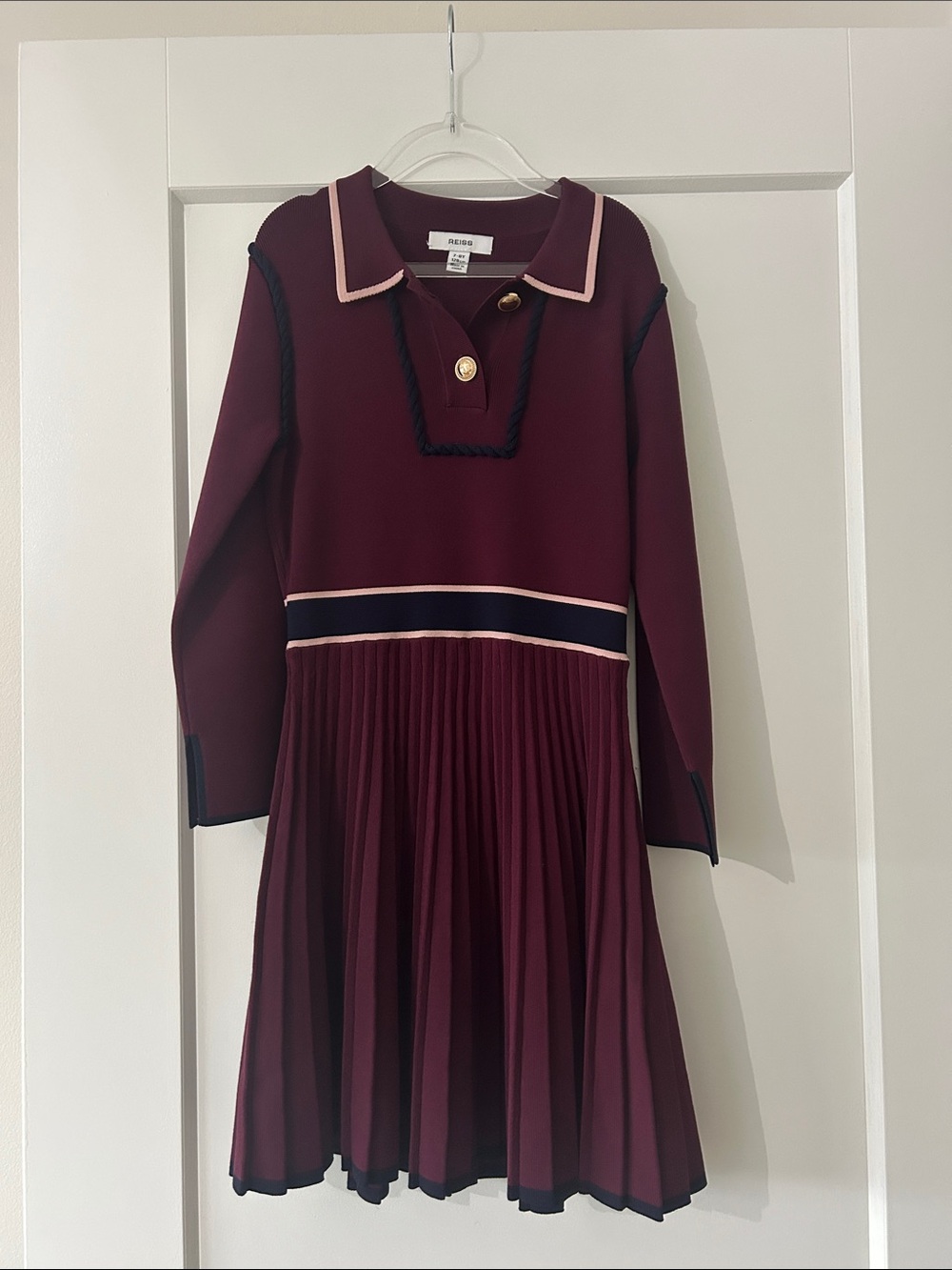 Reiss Girls Burgundy Polo-Style Pleated Dress with Navy Trim